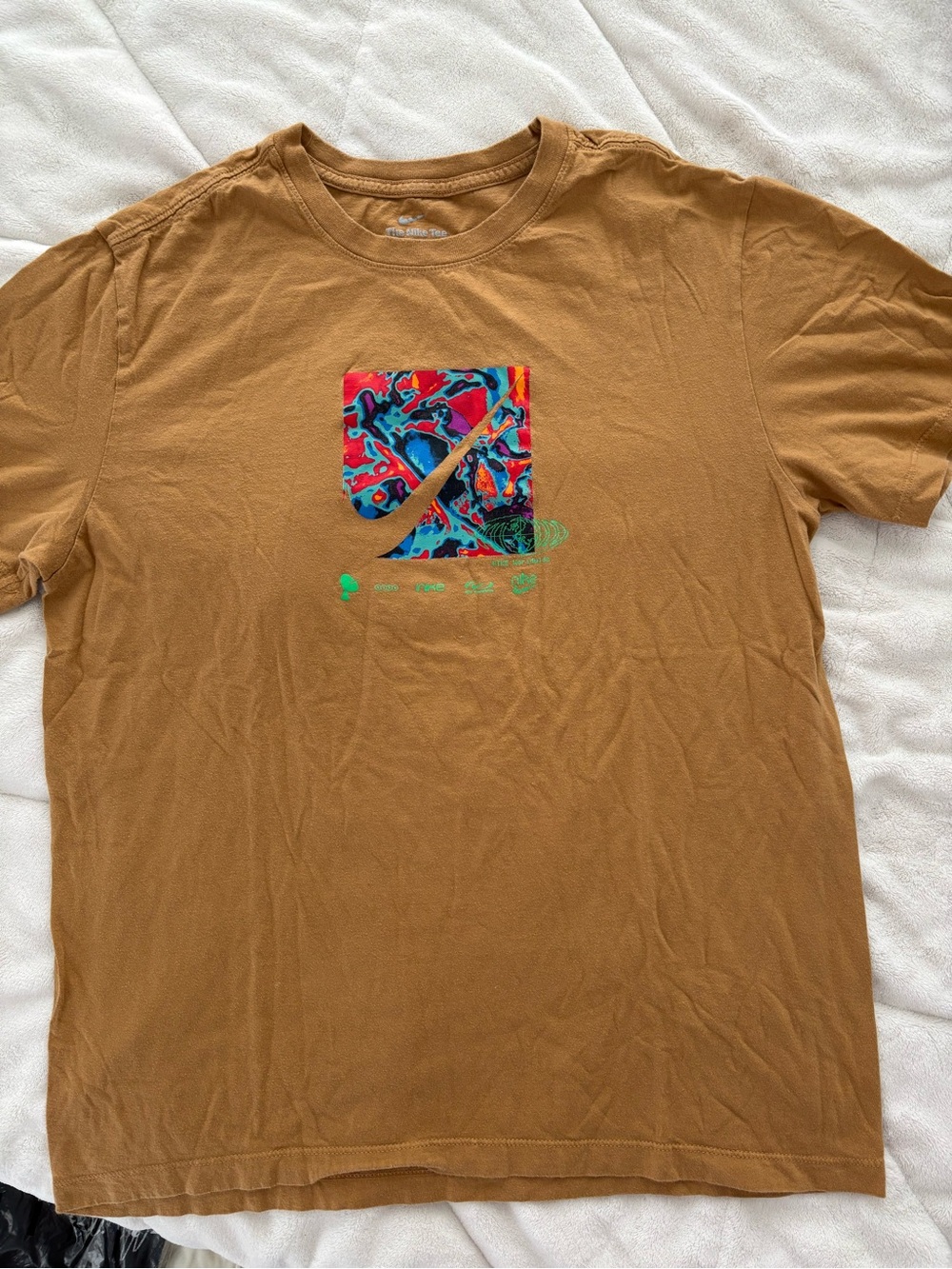 Nike Brown Short-Sleeve Tee with Multicolor Swoosh Graphic
